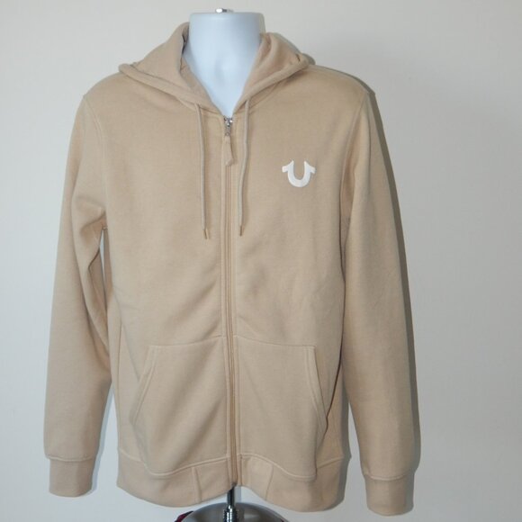 NWT MEN TRUE RELIGION Buddha Logo Seal Full Zip Fleece Hoodie Jacket Beige MED - Picture 5 of 8